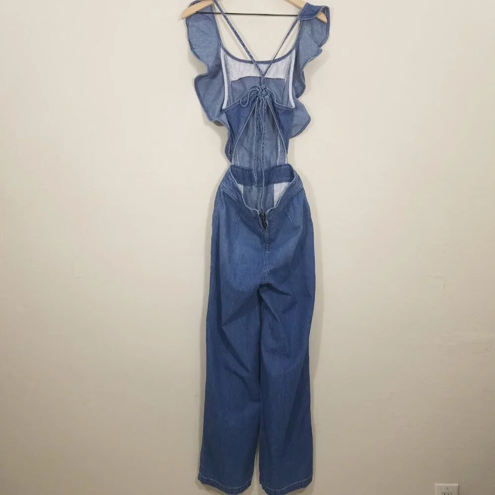 La Vie En Rose Ruffle Open Back Denim Jumpsuit Blue Size S - Picture 4 of 9